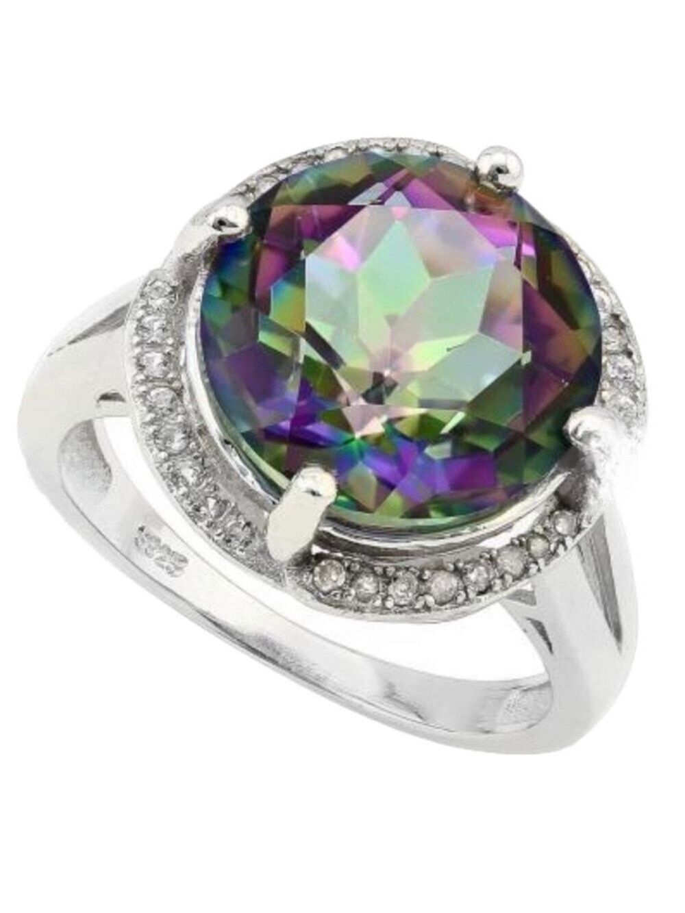 Mystic Topaz Ctr, White Sapphires & Diamond White Gold over Sterling Silver NIB - Picture 4 of 17